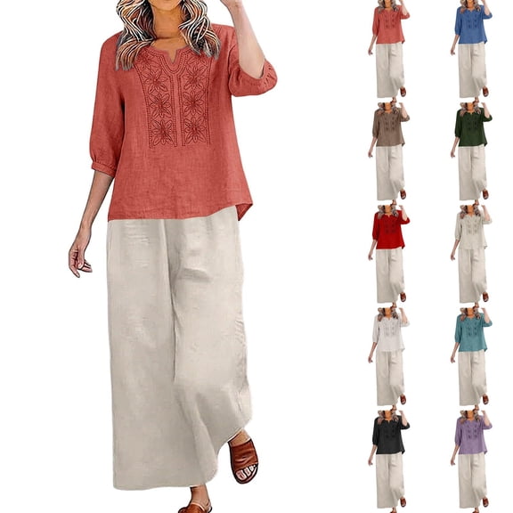 Floral Embroidered Cotton Linen Set for Women, V-Neck 3/4 Sleeve Blouse with Drawstring Wide Leg Pants - Boho Summer Casual Co-ord Outfit Blue M