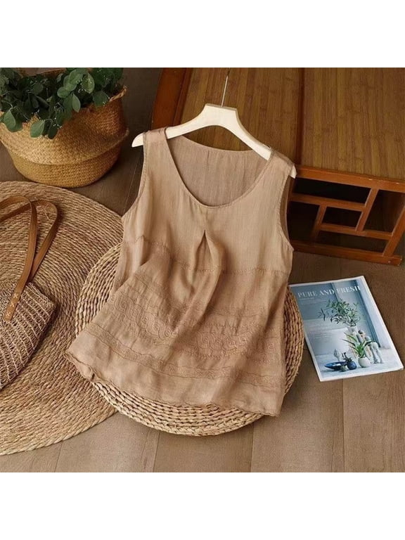 Floral Embroidered Cotton Linen Shirts for Women Summer 3/4 Sleeve Gauze Boho Tops Ladies Dressy Casual Loose Blouses Khaki M
