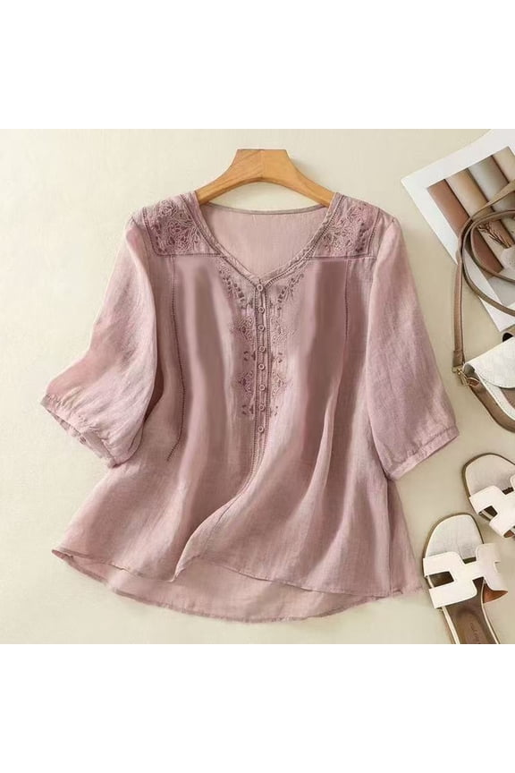 Floral Embroidered Cotton Linen Shirts for Women Summer 3/4 Sleeve Gauze Boho Tops Ladies Dressy Casual Loose Blouses Light Purple 2XL