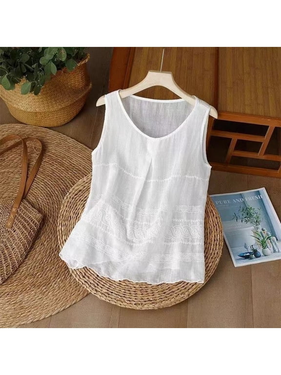 Floral Embroidered Cotton Linen Shirts for Women Summer 3/4 Sleeve Gauze Boho Tops Ladies Dressy Casual Loose Blouses White L