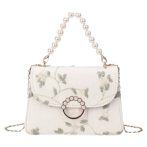 White PU Floral Vine Handbag for Women, Pearl Handle Crossbody Purse, Elegant Dressy Party Wedding Shoulder Bag