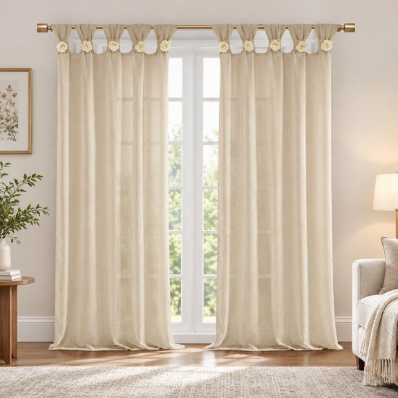 Floral Embroidered Cuff Tab Top Solid Curtain Panel, Room Darkening Window Treatment, 1 Panel