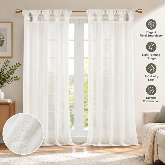 Floral Embroidered Cuff Tab Top Solid Curtain Panel, Single Piece, Light-Filtering Window Treatment, Decorative Drapes