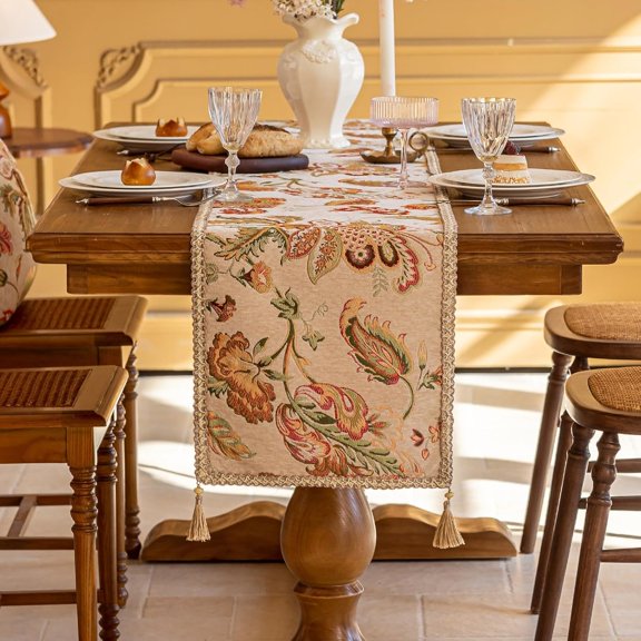 Floral Embroidered Dresser Runner 72 Inch Non-Slip Chenille Lace Trim,Beige