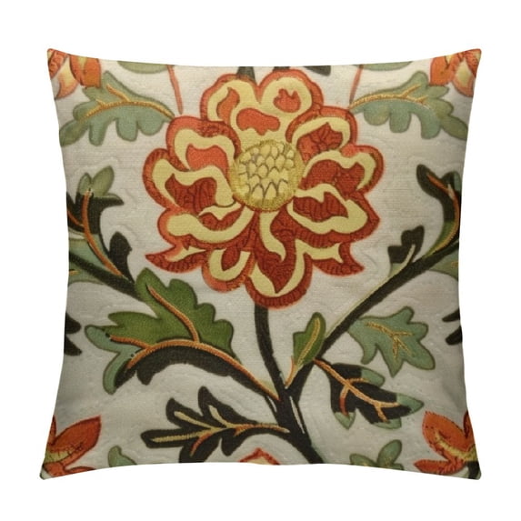 Floral Embroidered Fall Decorative Throw Pillow Cover , Farmhouse Cottage Flowers Leaves Chic Pattern, 100% Cotton Canvas Cushion Case for Sofa Couch Bedroom Decor(Orange Flowers)