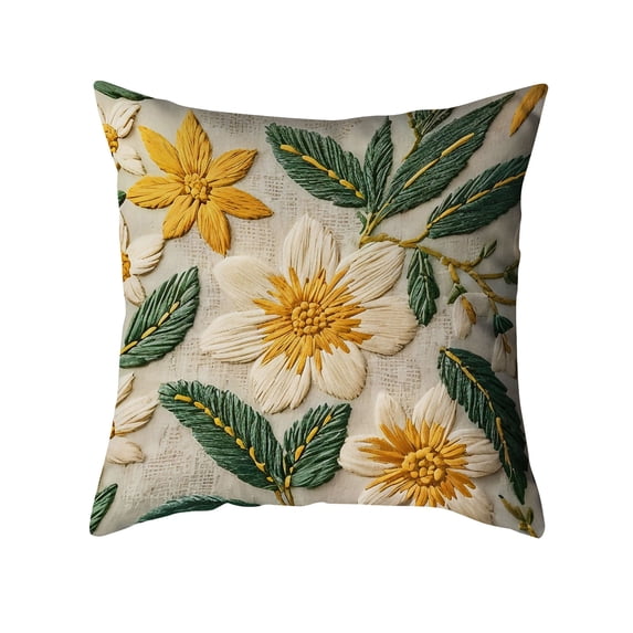 Floral Embroidered Fall Decorative Throw Pillow Covers 18"x 18", Farmhouse Daisy Flowers Patterned Canvas Cushion Cases for Couch Bed Living Room Decor