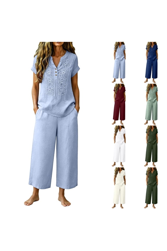 Floral Embroidered Linen Set for Women, V-Neck Short Sleeve Button Down Top with Wide Leg Pants - Boho Summer Casual Co-ord Outfit Beige XL