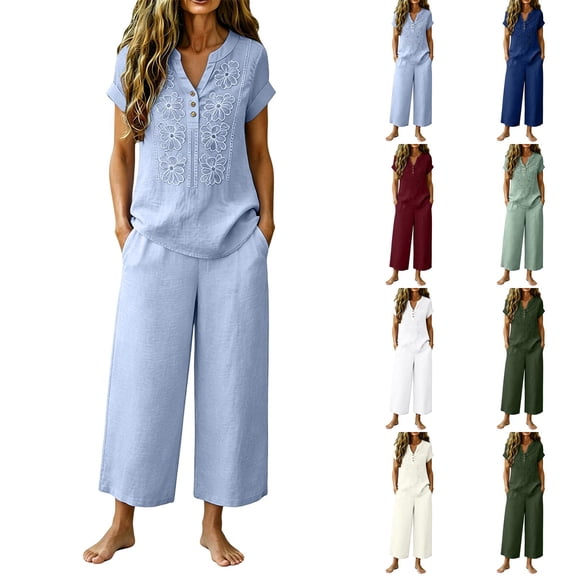 Floral Embroidered Linen Set for Women, V-Neck Short Sleeve Button Down Top with Wide Leg Pants - Boho Summer Casual Co-ord Outfit Dark Green XXXL