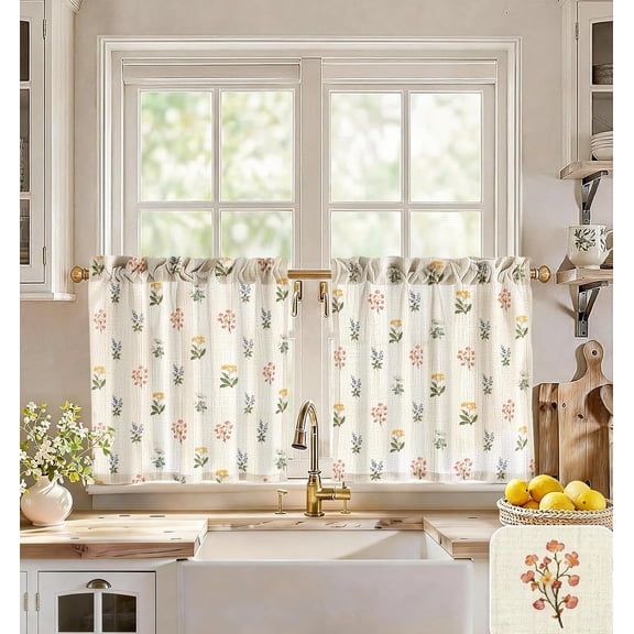 Floral Embroidered Linen Textured Short Curtains Rod Pocket Half Window Curtains for Kitchen Farmhouse Bathroom Home Decor