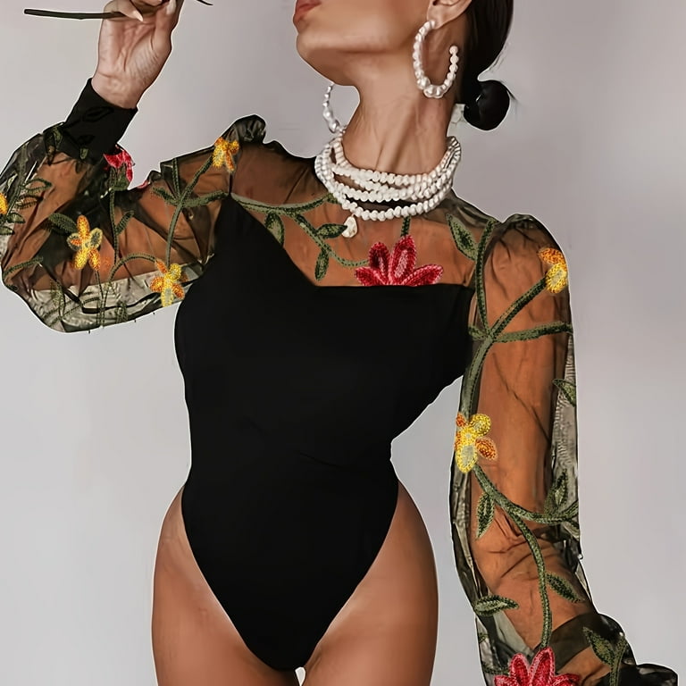 Floral Embroidered Mesh Splicing Bodysuit Vintage Long Sleeve Slim One piece Bodysuit Women s Clothing Walmart