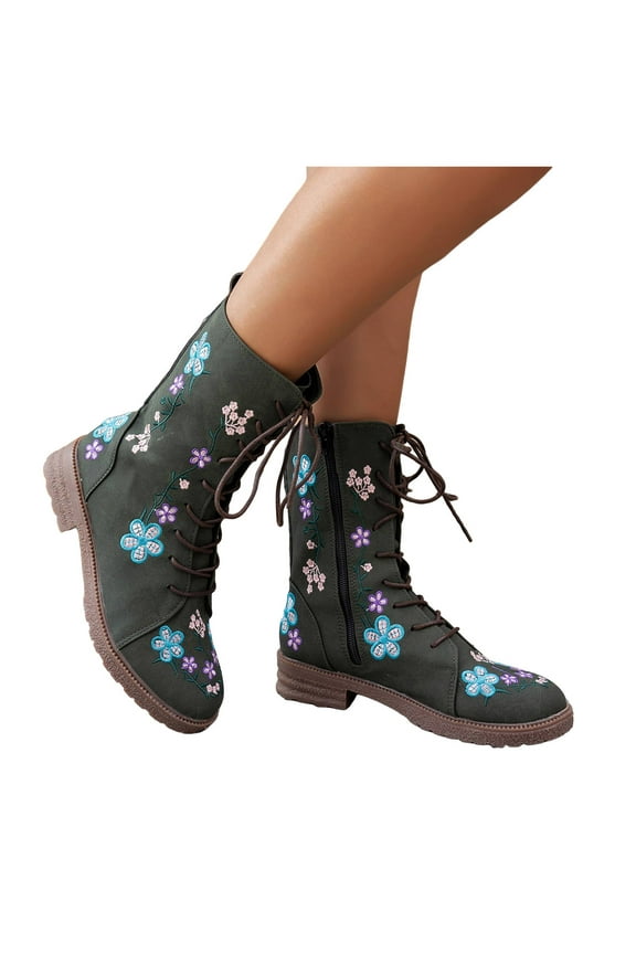 Floral Embroidered Mid Calf Combat Boots for Women Boho Vintage Flower Lace up Low Heel Winter Fall Riding Short Boots with Side Zipper