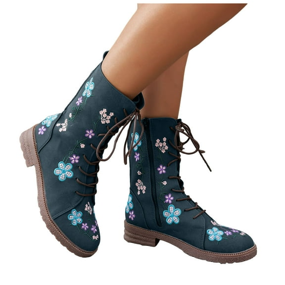 Floral Embroidered Mid Calf Combat Boots for Women Boho Vintage Flower Lace up Low Heel Winter Fall Riding Short Boots with Side Zipper