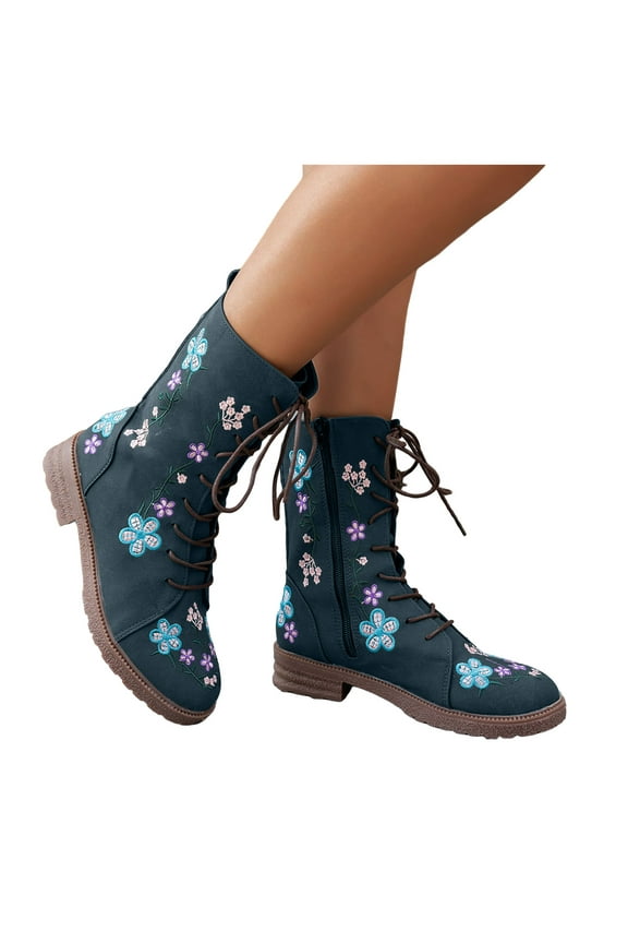 Floral Embroidered Mid Calf Combat Boots for Women Boho Vintage Flower Lace up Low Heel Winter Fall Riding Short Boots with Side Zipper