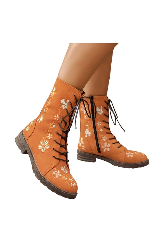 Floral Embroidered Mid Calf Combat Boots for Women Boho Vintage Flower Lace up Low Heel Winter Fall Riding Short Boots with Side Zipper