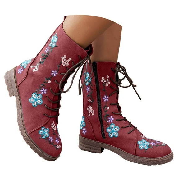 Floral Embroidered Mid Calf Combat Boots for Women Boho Vintage Flower Lace up Low Heel Winter Fall Riding Short Boots with Side Zipper
