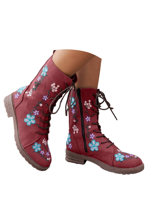 Floral Embroidered Mid Calf Combat Boots for Women Boho Vintage Flower Lace up Low Heel Winter Fall Riding Short Boots with Side Zipper