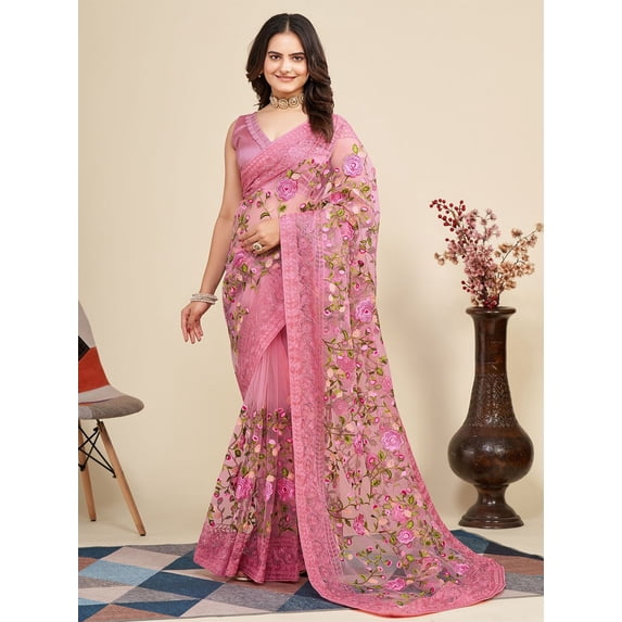 Floral Embroidered Net Saree - 24708320