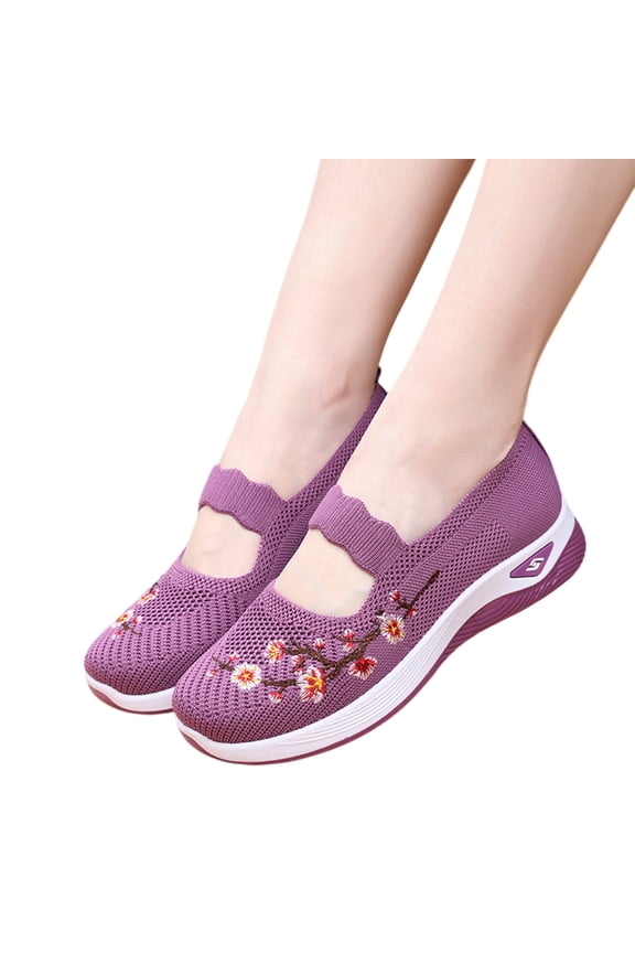 Floral Embroidered Swing Shoes, Women's Orthopedic Walking Shoes for Nurses With Arch Support - Flower Embroidered Slip On Sneakers Featuring Breathable Knit Upper, Purple 7