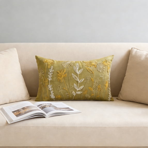 Floral Embroidered Throw Pillow Cover - Spring Style Cushion Case for Sofa and Living Room Home Decor