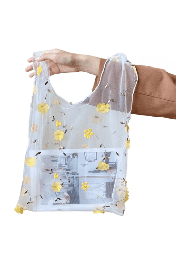 Floral Embroidered Tote Bag Shoulder Summer Beach Cute Organza Asual Tote Mesh Shopping Bags for Woman Yellow