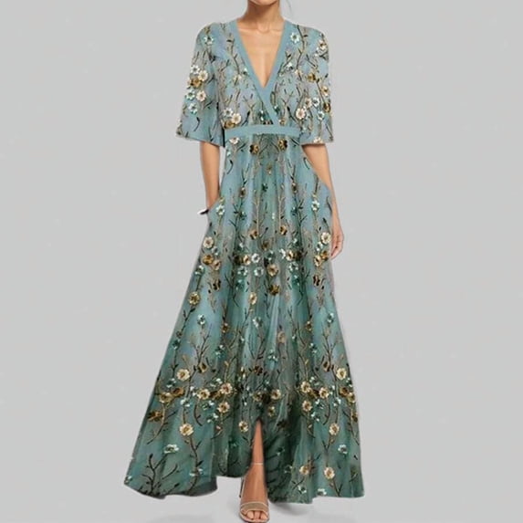 Blue-Gray Floral Embroidered Satin Wrap Maxi Dress V-Neck 3/4 Sleeve A-Line Evening Gown