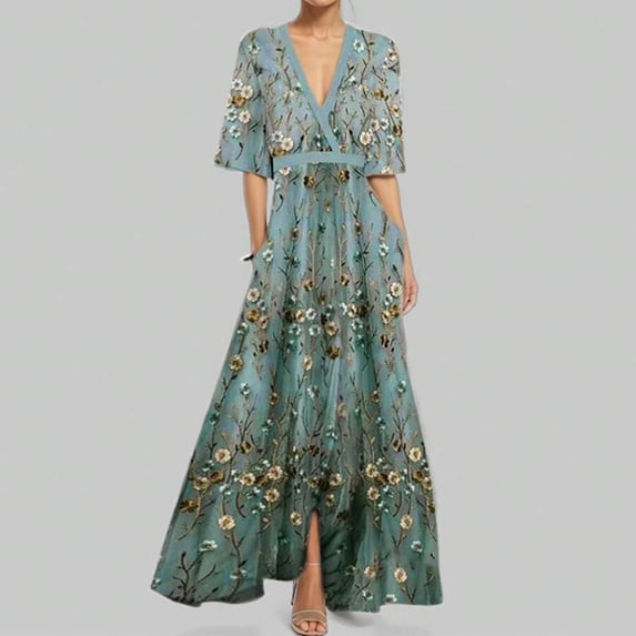 Floral Embroidered V-Neck Wrap Maxi Dress 28480-Blue-Gray