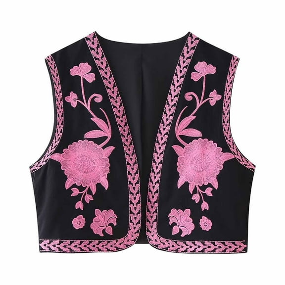 Floral Embroidered Vest Women Retro Open Front Sleeveless Cardigan Boho Ethnic Style Fashion Crop Tops, Black, L