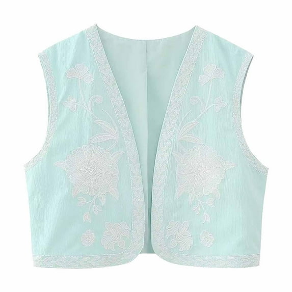 Floral Embroidered Vest Women Retro Open Front Sleeveless Cardigan Boho Ethnic Style Fashion Crop Tops, Mint Green, L