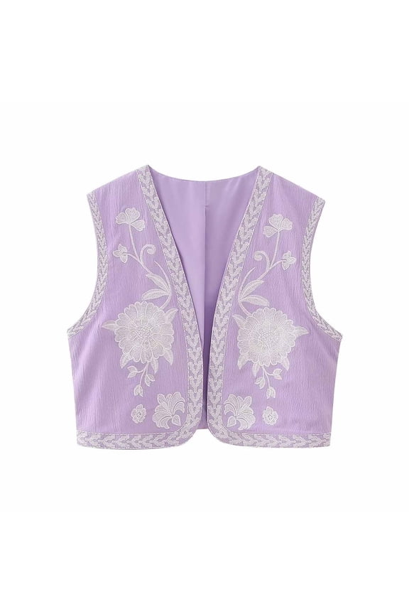 Floral Embroidered Vest Women Retro Open Front Sleeveless Cardigan Boho Ethnic Style Fashion Crop Tops, Purple, L
