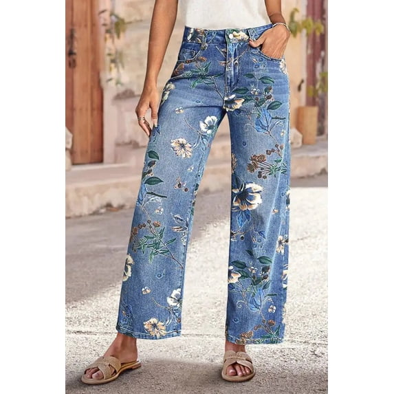 Floral Embroidered Wide-Leg Denim Jeans
