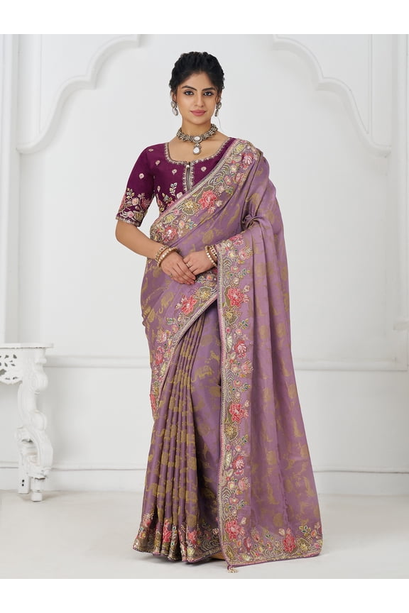 Floral Embroidery And Sequins Work Contrast Border Pure Dola Viscose Silk Saree With Tassels Pallu – Bouquet