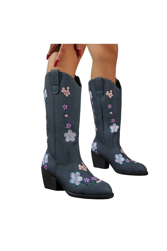 Floral Embroidery Cowboy Boots for Women Chunky Heel Pointed Toe Riding Mid Calf Boots Pull on Booties