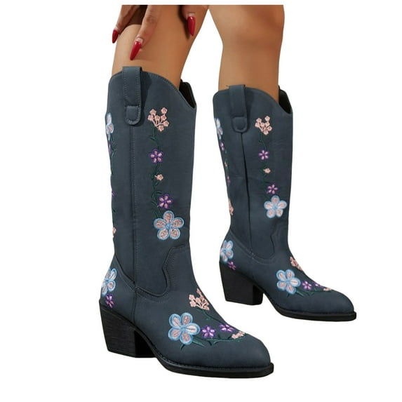 Floral Embroidery Cowboy Boots for Women Chunky Heel Pointed Toe Riding Mid Calf Boots Pull on Booties