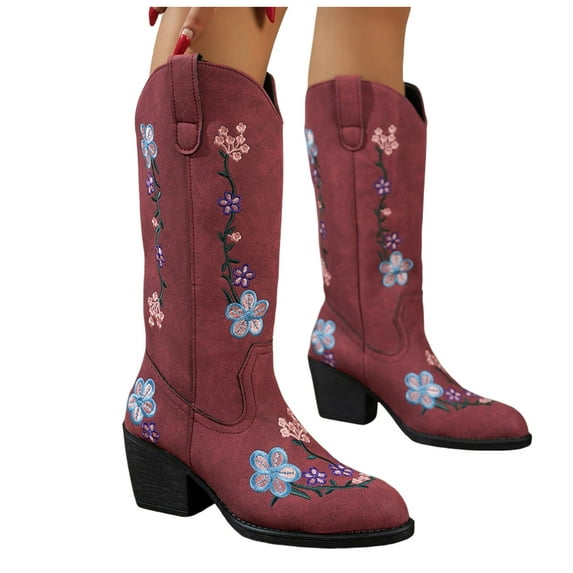 Floral Embroidery Cowboy Boots for Women Chunky Heel Pointed Toe Riding Mid Calf Boots Pull on Booties