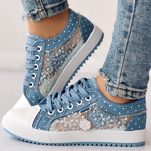 Floral Embroidery Dot Print Sneakers - Casual Athletic Walking Shoes with Sheer Mesh for Breathability and Comfort
