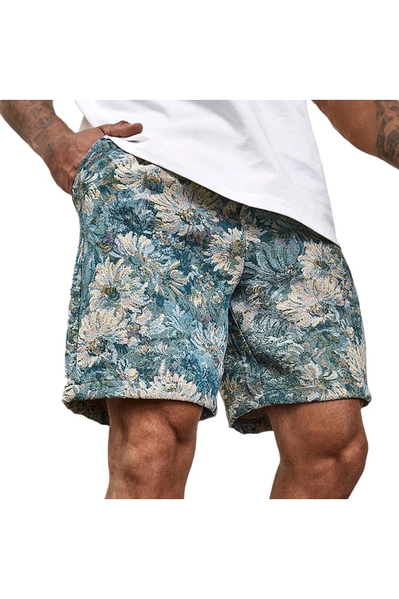 Floral Embroidery Drawstring Shorts for Men Boho Paisley Drawstring Shorts with Pockets Elastic High Waisted Bermuda Shorts Vintage Workout Beach Vacation Summer Sweat Shorts,Blue 2XL