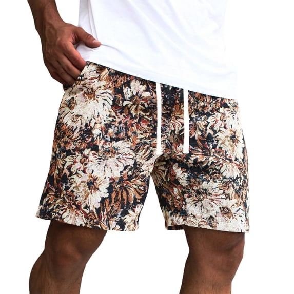 Floral Embroidery Drawstring Shorts for Men Drawstring Boho Paisley Shorts with Pockets Elastic High Waisted Bermuda Shorts Summer Vacation Casual Beach Sweat Shorts,Brown S