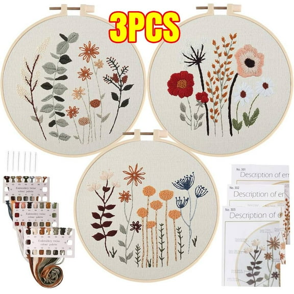 Floral Embroidery Hoop Kit Beginner Flower Embroidery Kit Sewing DIY Art Set with Colorful Threads Hoops Fabric Basket Pattern Needlework Craft Supplies