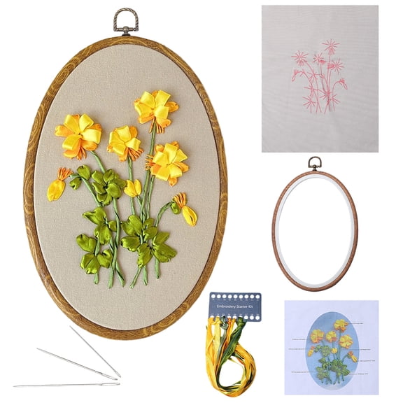 Floral Embroidery Kit 3D Flower Stamped Pattern Design Stitch Plastic Hoops Colorful Threads Needles Needlepoint Tool Starter Kits with Instructions