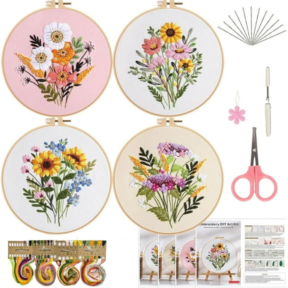 Floral Embroidery Kit for Adults & Beginners - 4 Cross Stitch Designs with 4 Pcs Hoops, Threads, Needles | Complete Starter Set + Instructions for Stress Relief & DIY Craft Projects