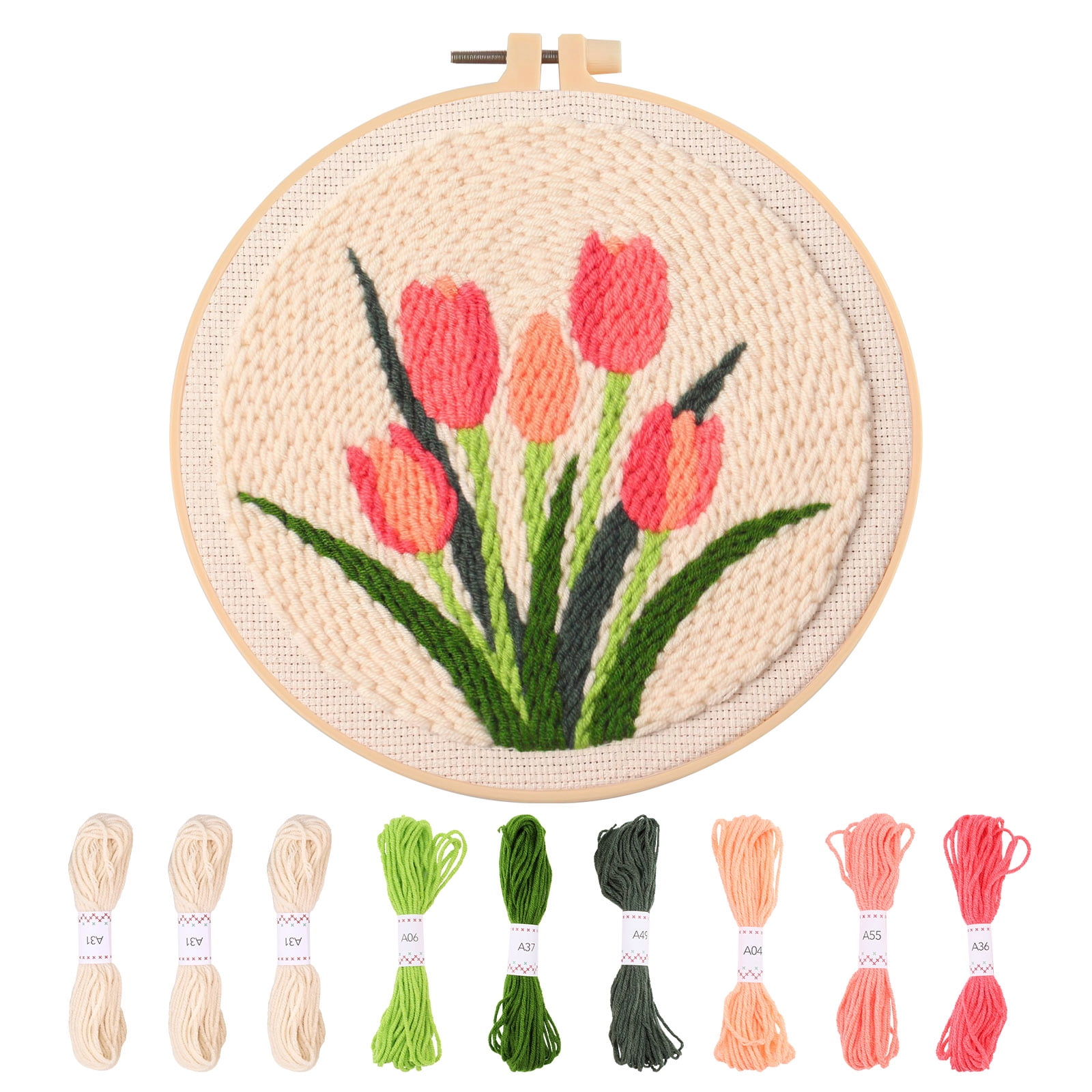 Floral Embroidery Kit for Beginners, Easy Needlepoint Kits for Adults Include Pattern, Hoops, Instructions, Threads and Fabric, Craft Starter Punch Needle Cross Stitch (Tulip)