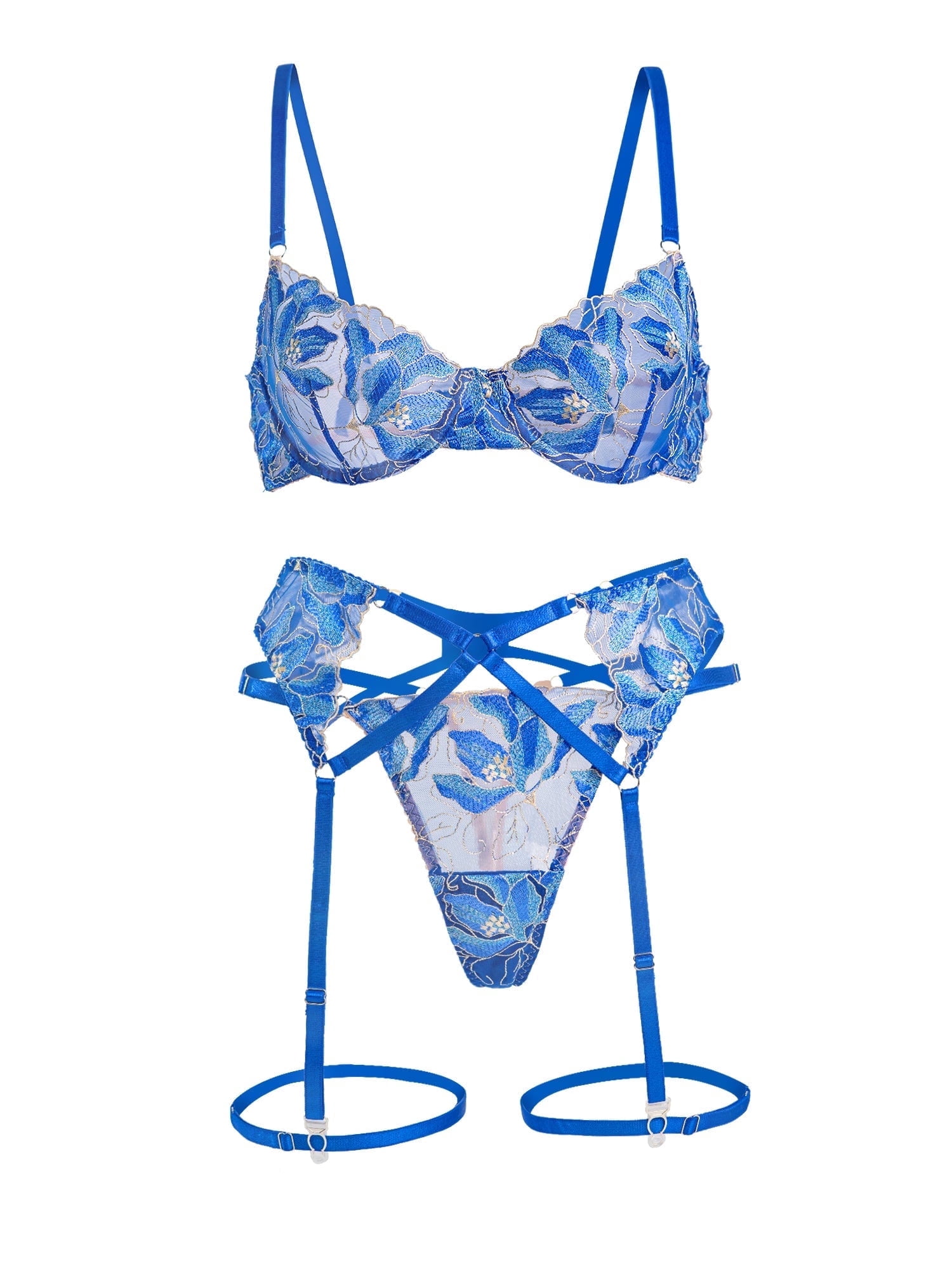 Floral Embroidery Lingerie Set (BLUE, XL)