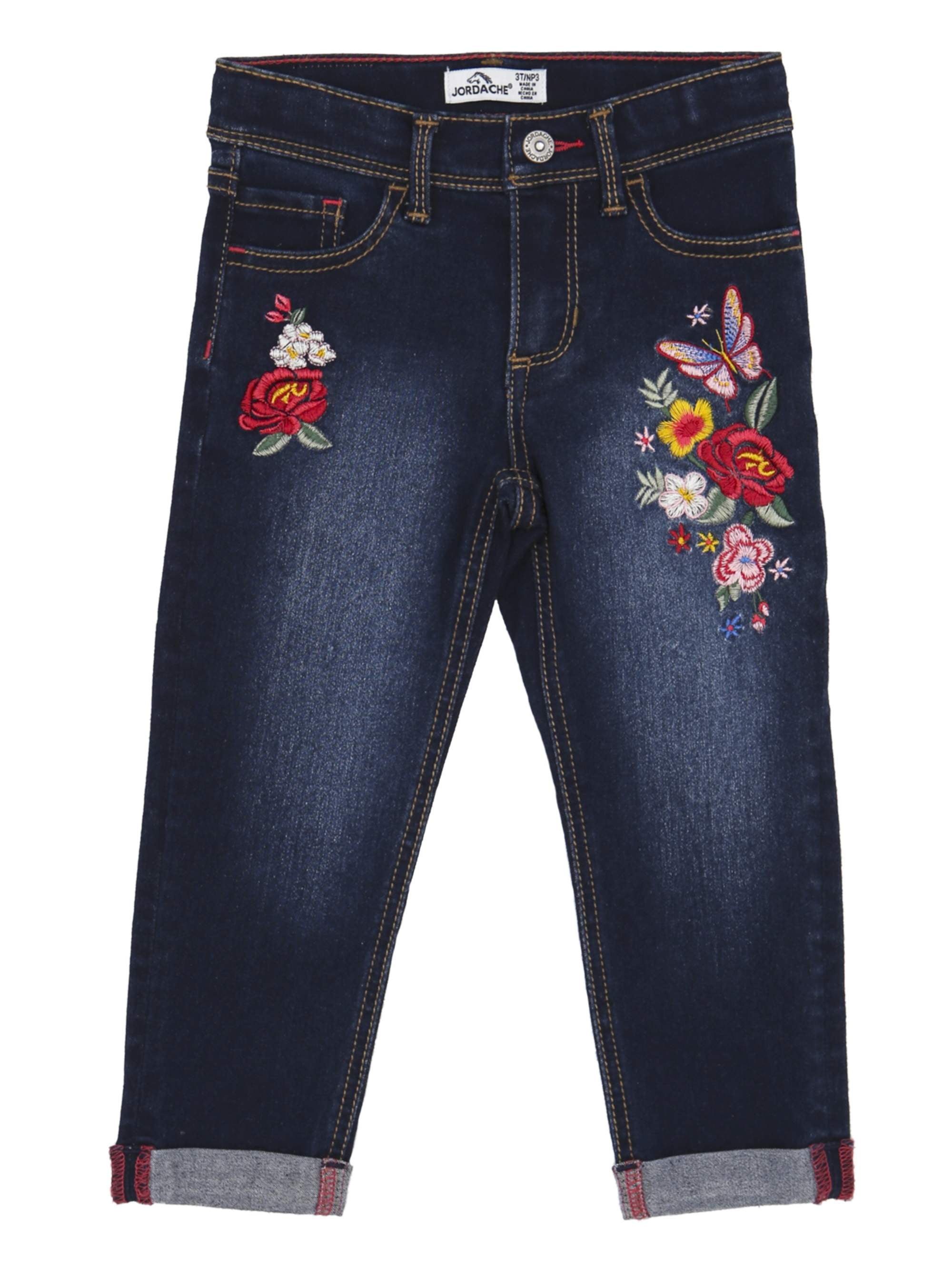 Floral Embroidery Roll Cuff Boyfriend Jeans (Toddler Girls) - Walmart.com