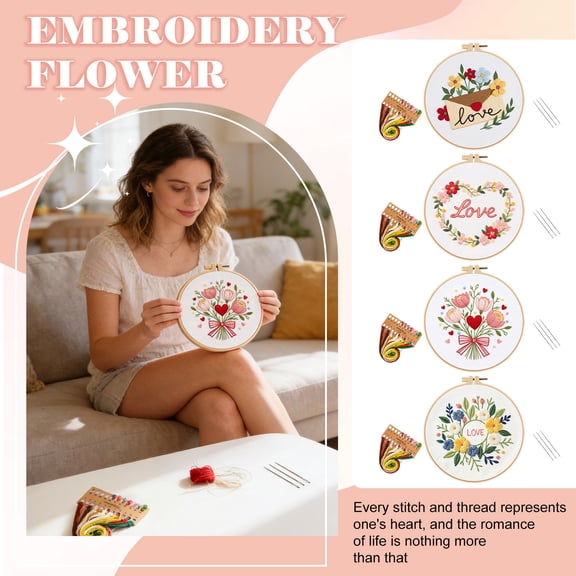 Floral Embroidery Valentine Kit for Beginners Cross Stitch Kits- Complete Starter Set with Hoop, Pre-Printed Fabric, Threads & Needles (A)