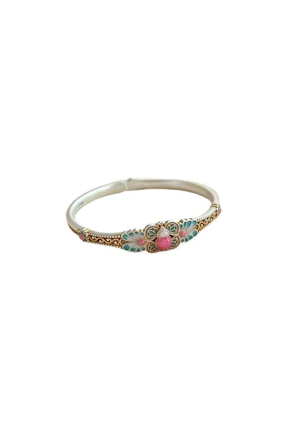 Floral Enamel Bangle Bracelet, Silver and Gold Tone, Pink Stone Accent, Intricate Filigree Design,S925 Adjustable Open Cuff