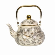 Floral Enamel Tea Kettle Bohemian Vintage Teapot Hot Water Coffee Kettle Pot 1.5L Porcelain Beige Colorful Rustic Tea Pot for Stovetop Hot Water Kitchen Decor