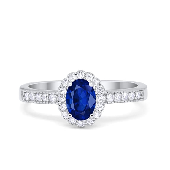 Floral Engagement Oval Ring Blue Sapphire CZ 925 Sterling Silver Size 5