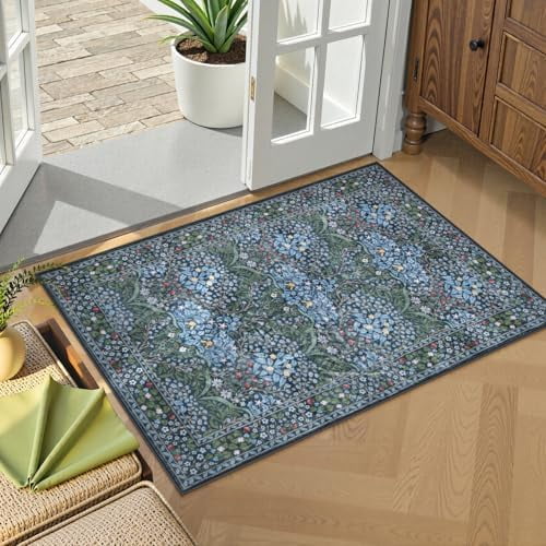 Floral Entryway Rug, 2x3 Kitchen Rugs Non Slip Washable Boho Blue ...