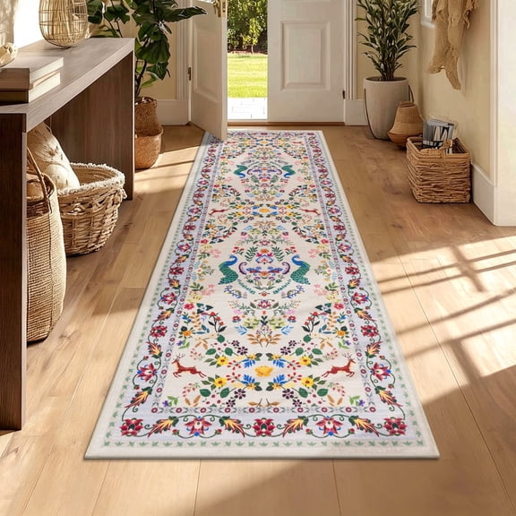 Ileading 2x6 Runner Rug for Hallway, Washable Kitchen Runner Rug with Non Slip Backing, Low Pile Soft Boho Floral Runner for Kitchen, Hallway, Entryway, Laundry, Bedroom