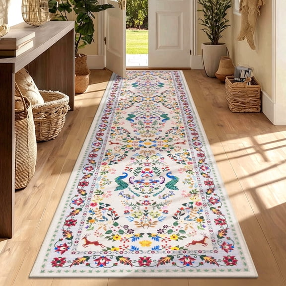 Ileading 2x8 Runner Rug for Hallway, Washable Kitchen Runner Rug with Non Slip Backing, Low Pile Soft Boho Floral Runner for Kitchen, Hallway, Entryway, Laundry, Bedroom